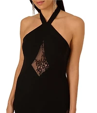Adrianna by Adrianna Papell Halter Neck Lace Insert Knit Crepe Column Gown