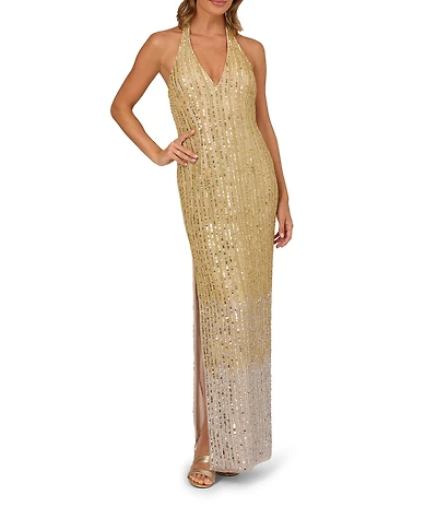 Adrianna by Adrianna Papell Halter Neck Sleeveless Beaded Mesh Column Gown