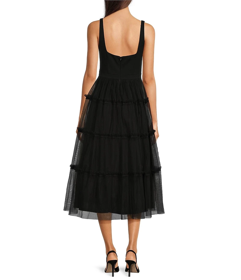 Adrianna by Adrianna Papell Knit Mesh Square Neck Sleeveless Tiered Ruffle Midi Dress
