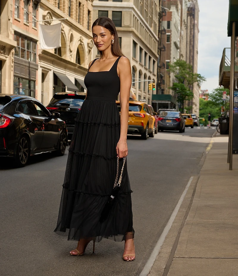 Adrianna by Adrianna Papell Knit Mesh Square Neck Sleeveless Tiered Ruffle Midi Dress