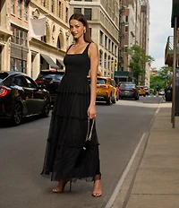 Adrianna by Adrianna Papell Knit Mesh Square Neck Sleeveless Tiered Ruffle Midi Dress