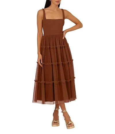 Adrianna by Adrianna Papell Knit Mesh Square Neck Sleeveless Tiered Ruffle Midi Dress