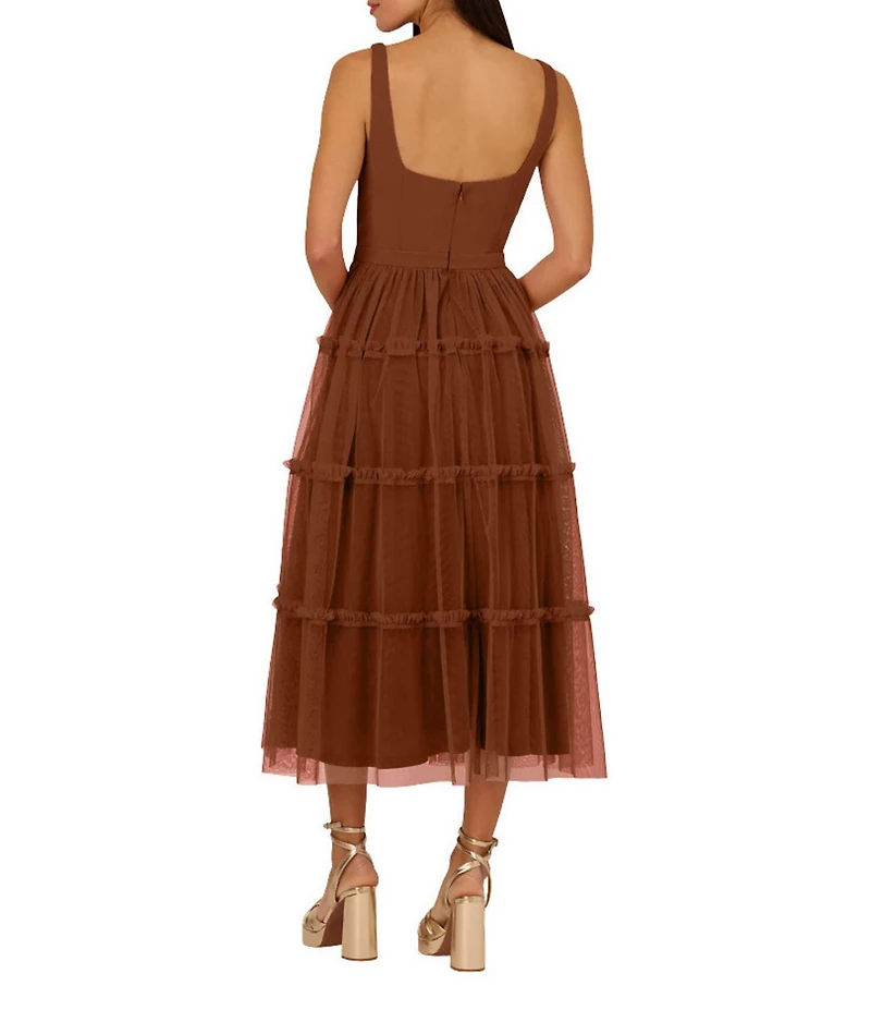 Adrianna by Adrianna Papell Knit Mesh Square Neck Sleeveless Tiered Ruffle Midi Dress