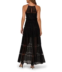 Adrianna by Adrianna Papell Lace Knit Halter Neck Sleeveless Mesh Tiered A-Line Dress