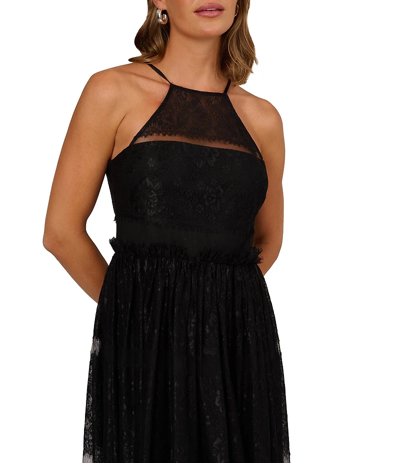 Adrianna by Adrianna Papell Lace Knit Halter Neck Sleeveless Mesh Tiered A-Line Dress