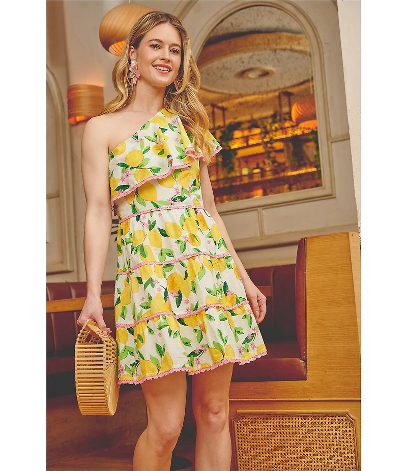 Adrianna by Adrianna Papell Lemon Fruit Print One-Shoulder Neck Sleeveless A-Line Mini Dress