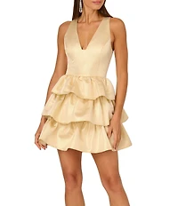 Adrianna by Adrianna Papell Metallic Jacquard Plunging V-Neck Sleeveless Ruffle Tiered Mini Dress