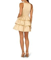 Adrianna by Adrianna Papell Metallic Jacquard Plunging V-Neck Sleeveless Ruffle Tiered Mini Dress