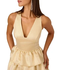 Adrianna by Adrianna Papell Metallic Jacquard Plunging V-Neck Sleeveless Ruffle Tiered Mini Dress