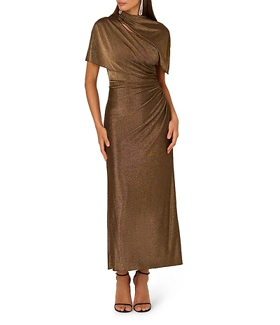 Adrianna by Adrianna Papell Metallic Knit Mock Neck Short Sleeves Cut-Out Sheath Dress