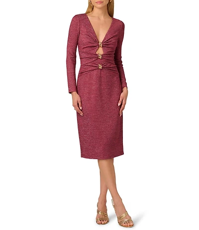 Adrianna by Adrianna Papell Metallic Knit V-Neck Long Sleeves Cut-Out Hardware Sheath Midi Dress