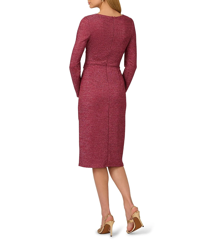 Adrianna by Adrianna Papell Metallic Knit V-Neck Long Sleeves Cut-Out Hardware Sheath Midi Dress