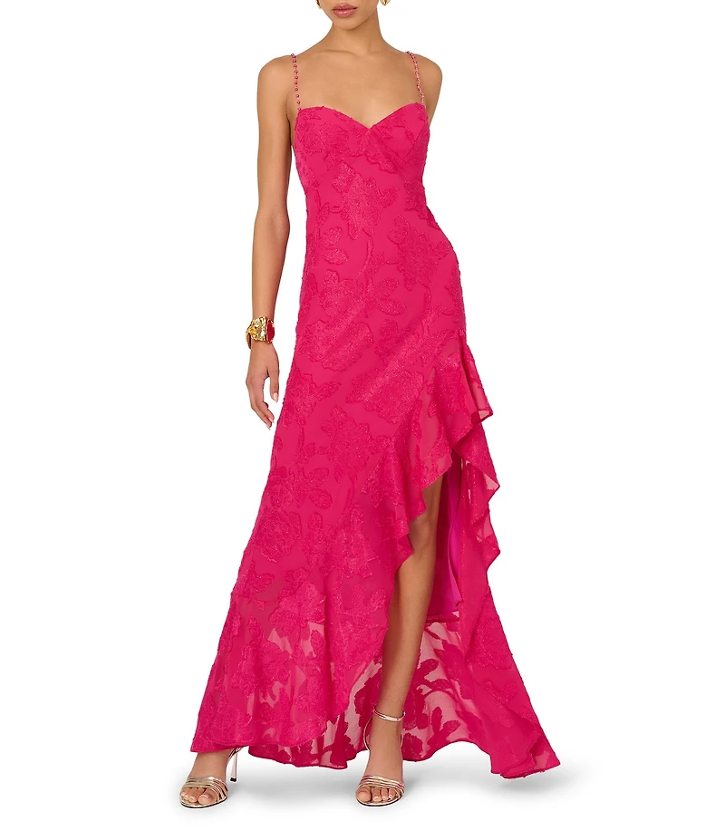 Adrianna by Adrianna Papell Metallic Sweetheart Neck Beaded Strap Burnout Chiffon Ruffle Front Gown