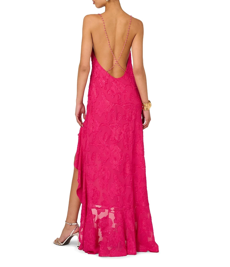 Adrianna by Adrianna Papell Metallic Sweetheart Neck Beaded Strap Burnout Chiffon Ruffle Front Gown