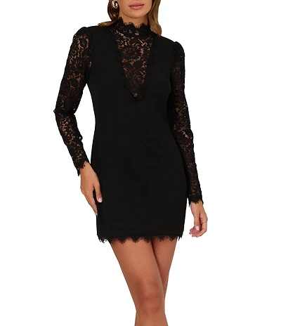 Adrianna by Adrianna Papell Mock Neck Illusion Lace Long Sleeves Crepe Sheath Mini Dress
