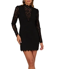 Adrianna by Adrianna Papell Mock Neck Illusion Lace Long Sleeves Crepe Sheath Mini Dress