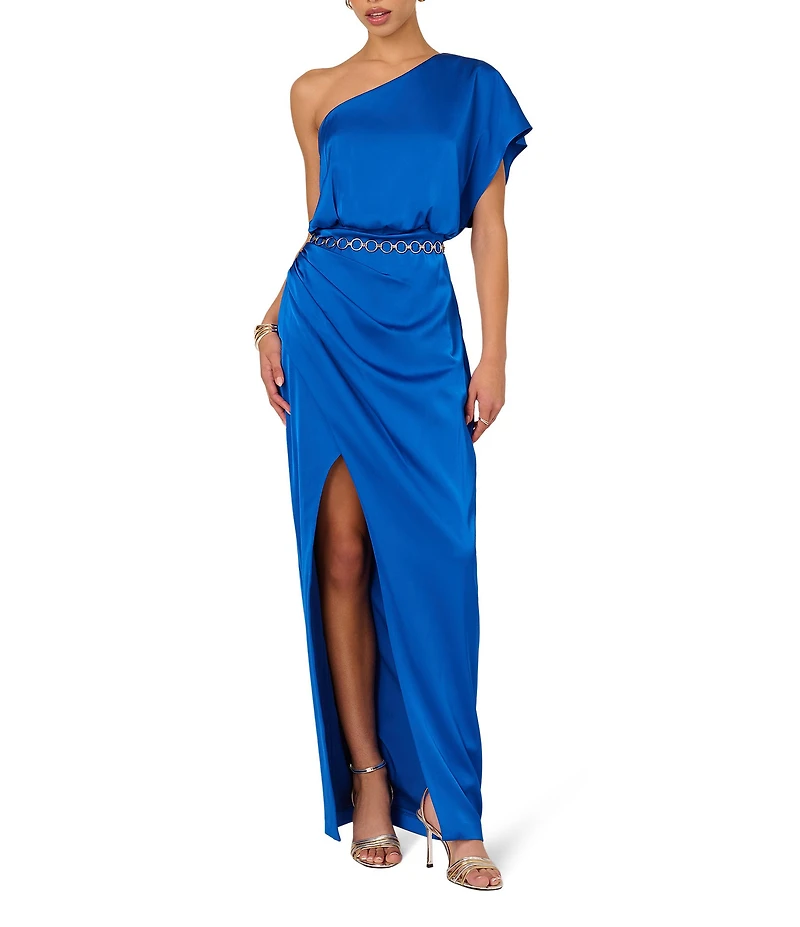 Adrianna by Adrianna Papell One Sleeve Ruched Stretch Satin Blouson Gown