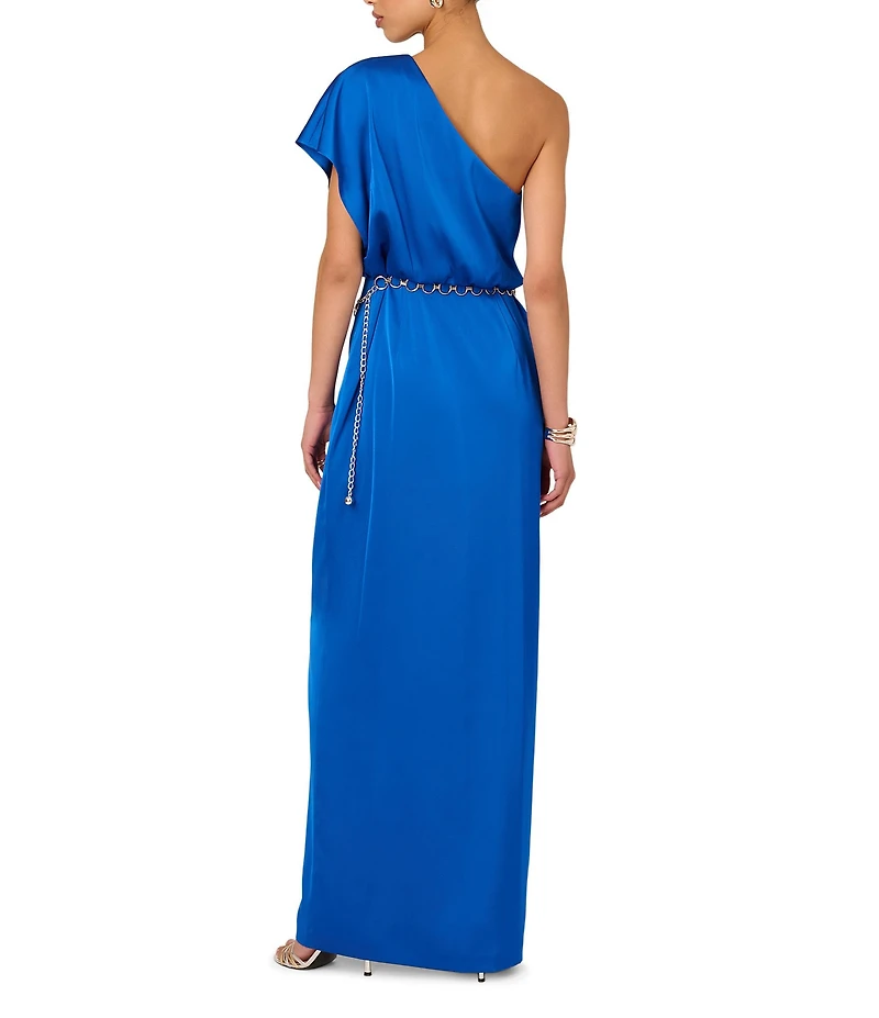 Adrianna by Adrianna Papell One Sleeve Ruched Stretch Satin Blouson Gown