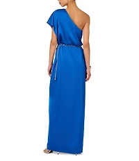 Adrianna by Adrianna Papell One Sleeve Ruched Stretch Satin Blouson Gown