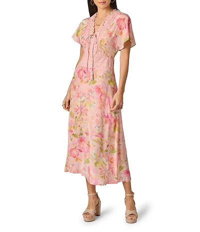 Adrianna by Adrianna Papell Printed Satin Dress With Lace Trim