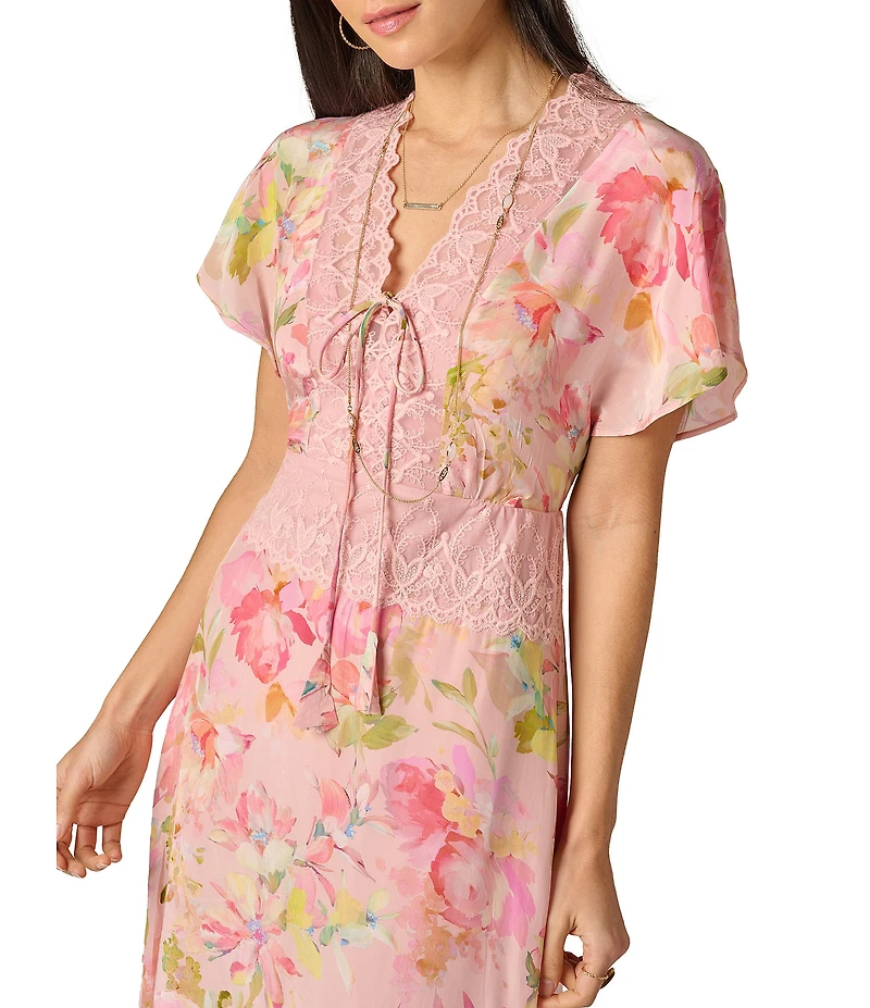 Adrianna by Adrianna Papell Printed Satin Dress With Lace Trim
