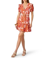 Adrianna by Adrianna Papell Printed Short Ruffle Dress With Lace Trim