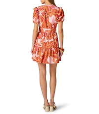 Adrianna by Adrianna Papell Printed Short Ruffle Dress With Lace Trim