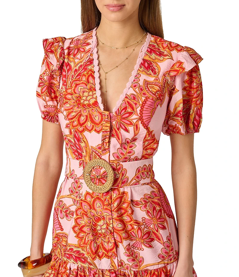 Adrianna by Adrianna Papell Printed Short Ruffle Dress With Lace Trim