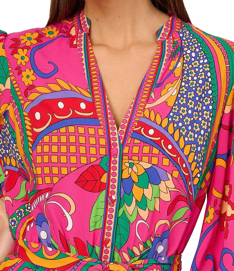 Adrianna by Adrianna Papell Abstract Printed Surplice V-Neck Long Sleeve Dress