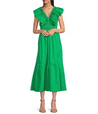Adrianna by Adrianna Papell Ruffle V-Neck Smocked Waist Sleeveless Midi Dress