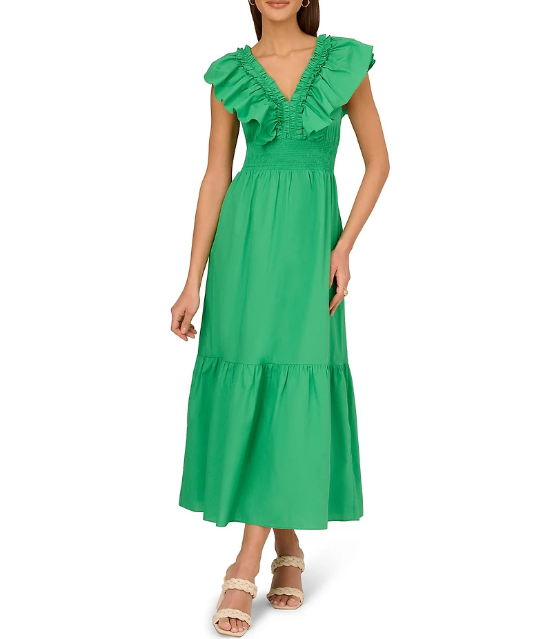 Adrianna by Adrianna Papell Ruffle V-Neck Smocked Waist Sleeveless Midi Dress