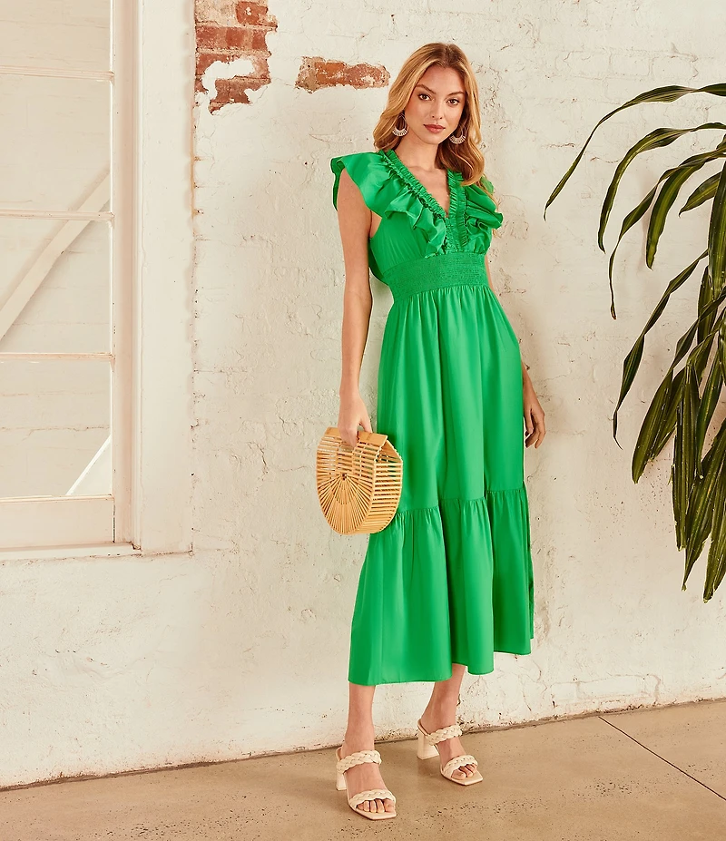 Adrianna by Adrianna Papell Ruffle V-Neck Smocked Waist Sleeveless Midi Dress