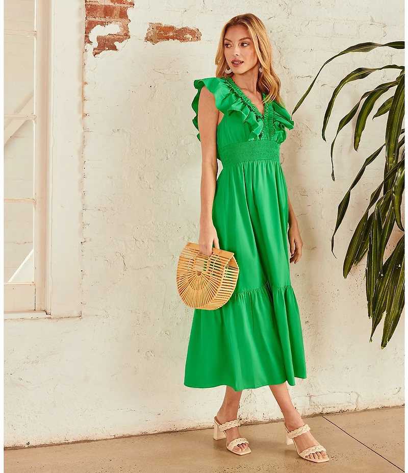 Adrianna by Adrianna Papell Ruffle V-Neck Smocked Waist Sleeveless Midi Dress
