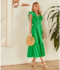 Adrianna by Adrianna Papell Ruffle V-Neck Smocked Waist Sleeveless Midi Dress