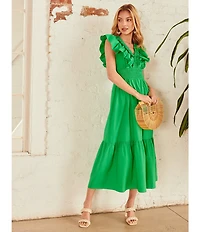 Adrianna by Adrianna Papell Ruffle V-Neck Smocked Waist Sleeveless Midi Dress