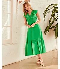 Adrianna by Adrianna Papell Ruffle V-Neck Smocked Waist Sleeveless Midi Dress