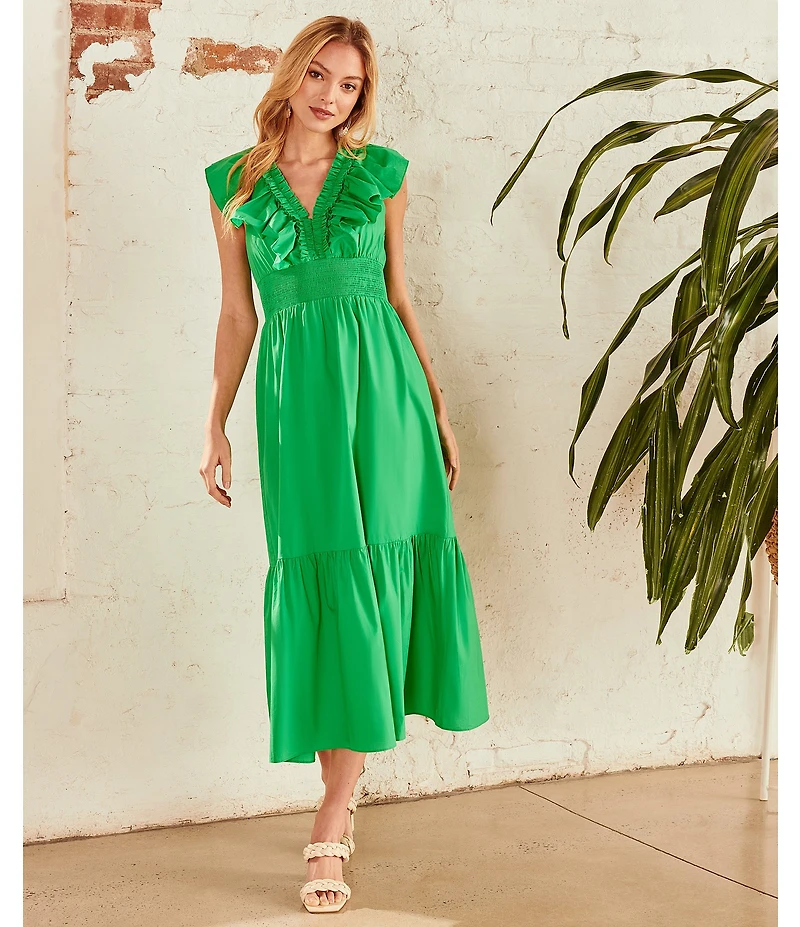 Adrianna by Adrianna Papell Ruffle V-Neck Smocked Waist Sleeveless Midi Dress