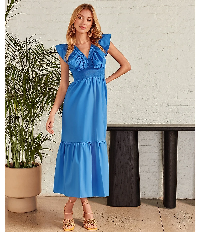 Adrianna by Adrianna Papell Ruffle V-Neck Smocked Waist Sleeveless Midi Dress