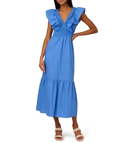 Adrianna by Adrianna Papell Ruffle V-Neck Smocked Waist Sleeveless Midi Dress