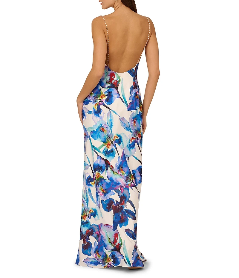 Adrianna by Adrianna Papell Satin Floral Print Cowl Neck Sleeveless Rhinestone Straps Slip Maxi Dress