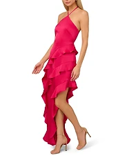 Adrianna by Adrianna Papell Satin Halter Neck Sleeveless Ruffle Maxi Gown