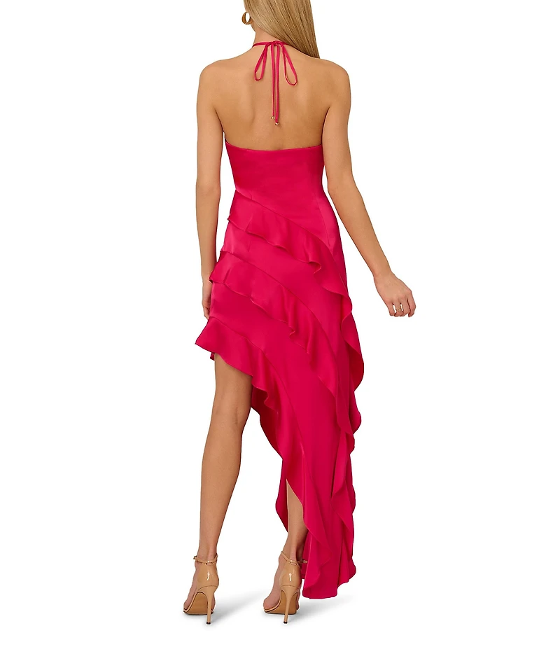 Adrianna by Adrianna Papell Satin Halter Neck Sleeveless Ruffle Maxi Gown