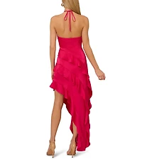 Adrianna by Adrianna Papell Satin Halter Neck Sleeveless Ruffle Maxi Gown