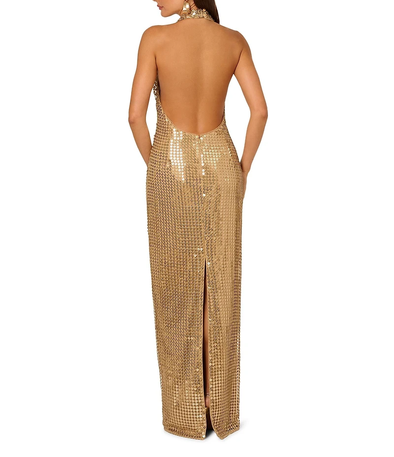 Adrianna by Adrianna Papell Sequin Cowl Neck Sleeveless Open Back Column Gown