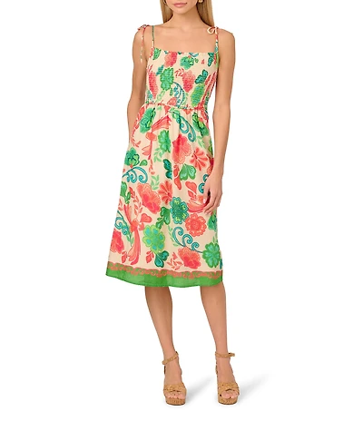 Adrianna by Adrianna Papell Smocked Floral Print Square Neck A-Line Knee Length Dress