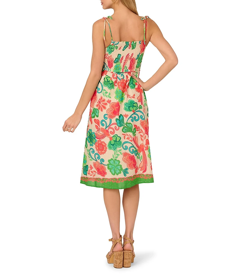 Adrianna by Adrianna Papell Smocked Floral Print Square Neck A-Line Knee Length Dress