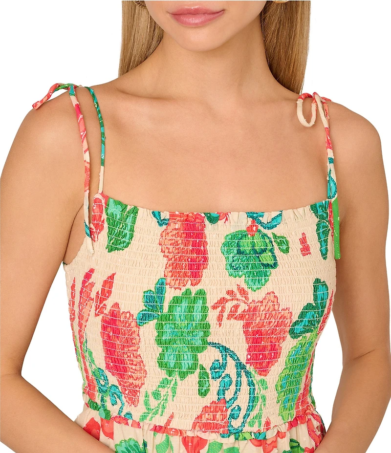 Adrianna by Adrianna Papell Smocked Floral Print Square Neck A-Line Knee Length Dress