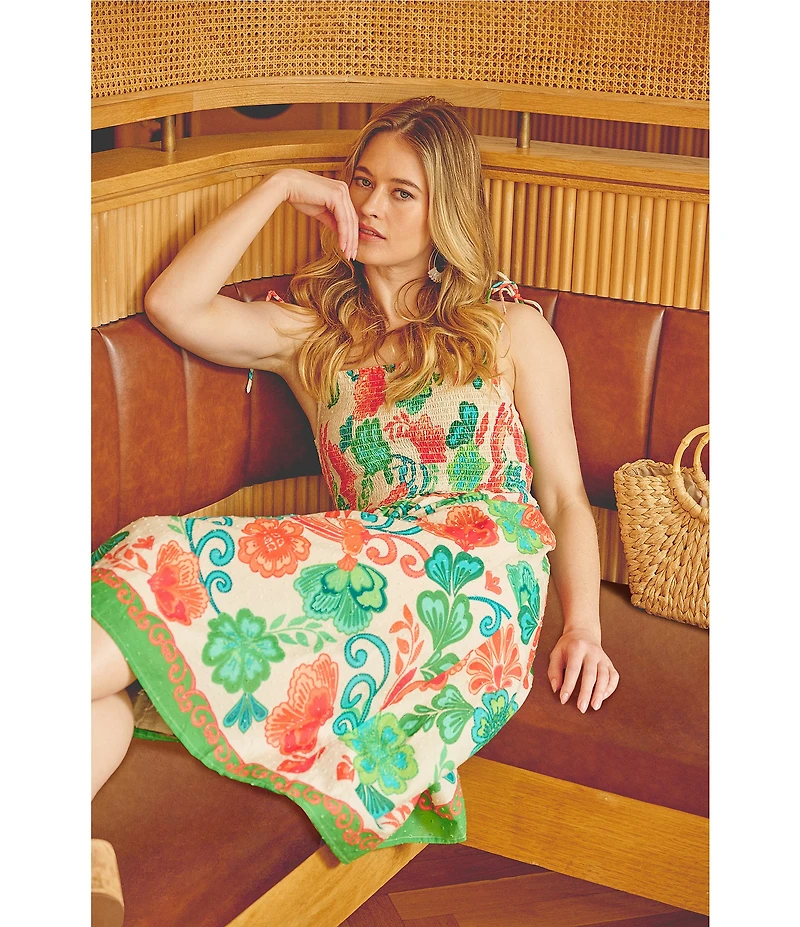 Adrianna by Adrianna Papell Smocked Floral Print Square Neck A-Line Knee Length Dress