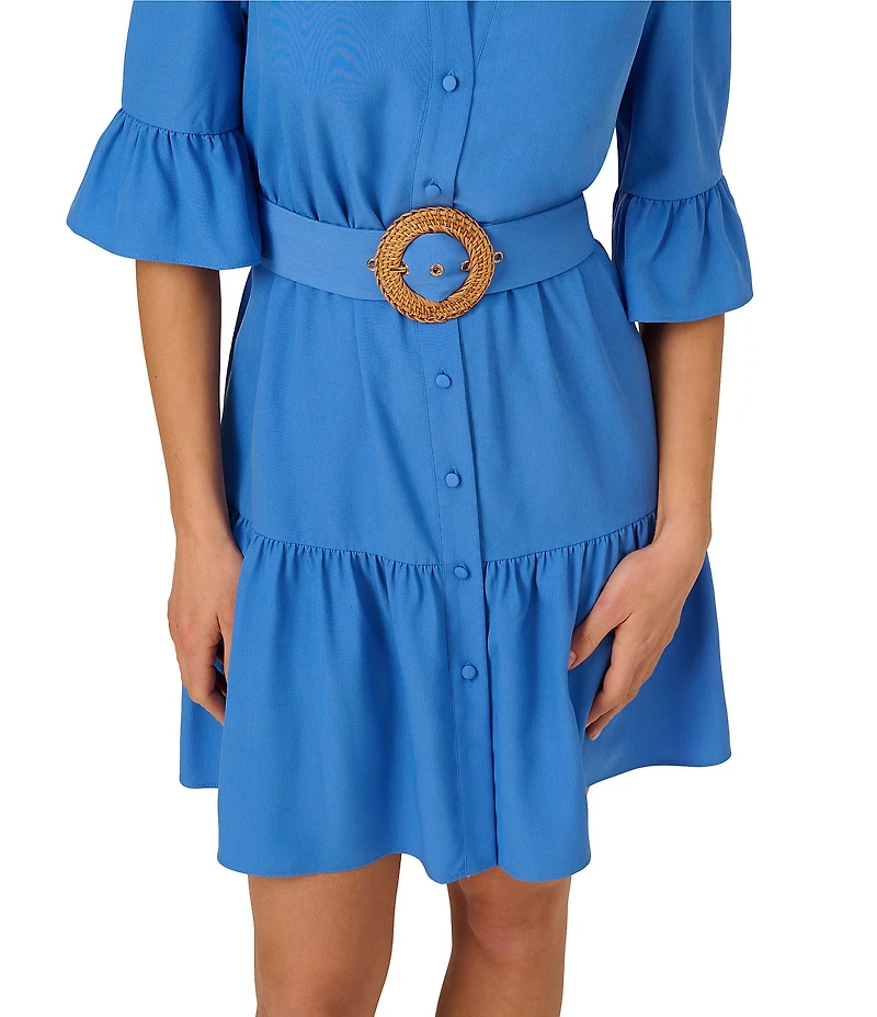 Adrianna by Adrianna Papell Split V-Neck 3/4 Bell Sleeve Belted Flounce Hem Shirt Dress