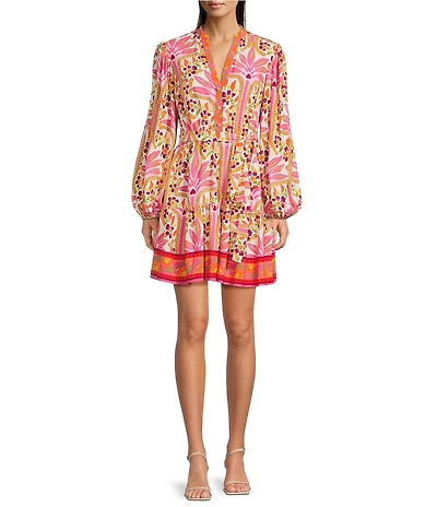 Adrianna By Adrianna Papell Split V-Neck Long Sleeve Printed Tiered Dress